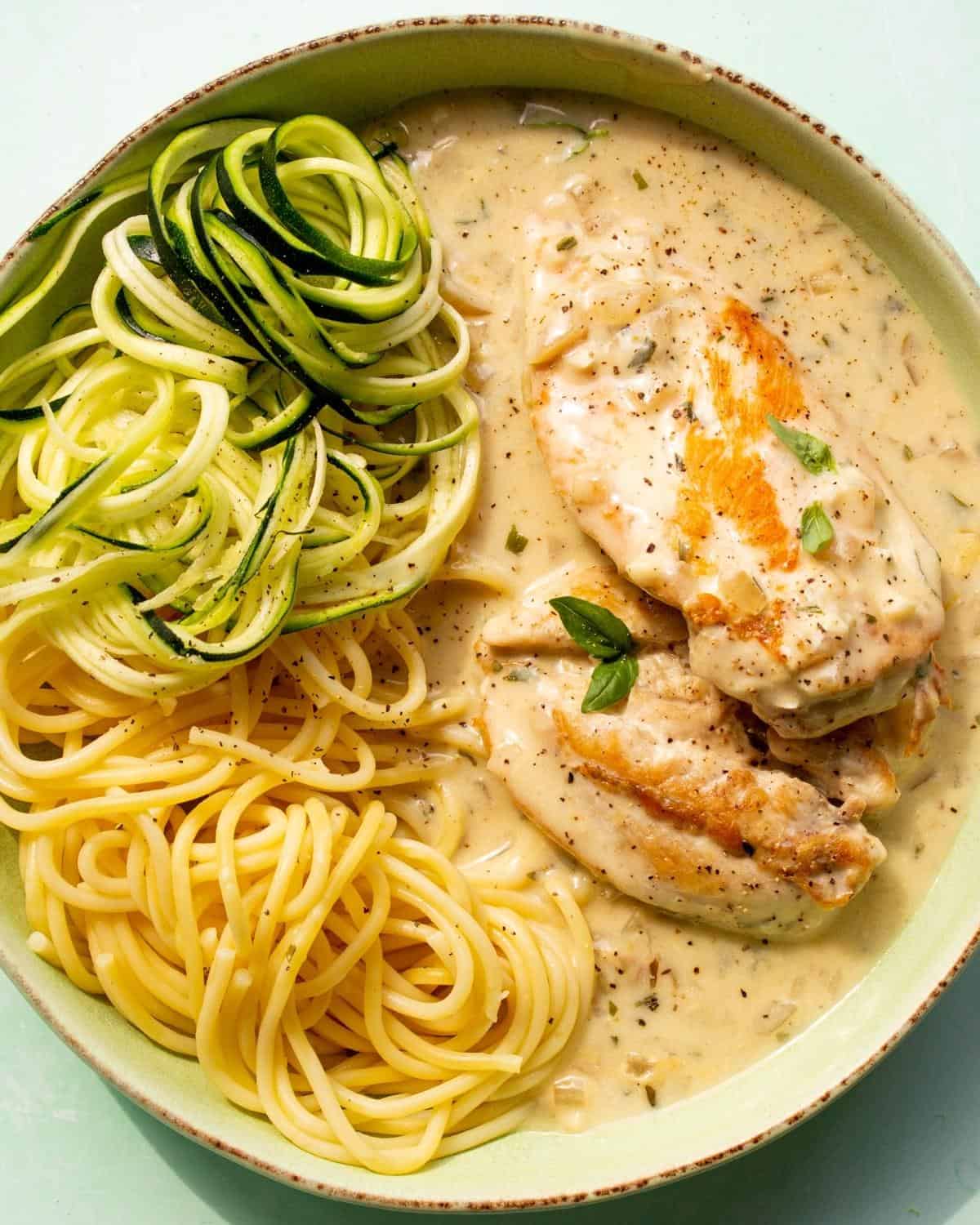 Creamy Philadelphia Chicken served with spaghetti and courgettie
