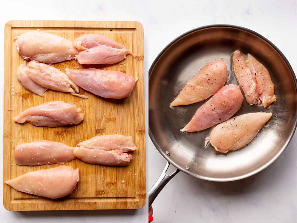 Chicken sliced on chopping board and in a stainless steel pan (2 photos).