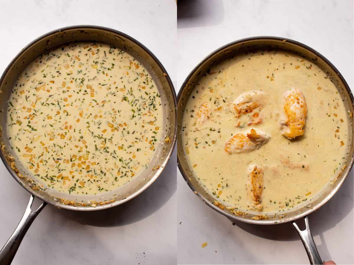 2 step by step photos the first with soft cheese, stock and cornflour in pan and the second with chicken in pan.