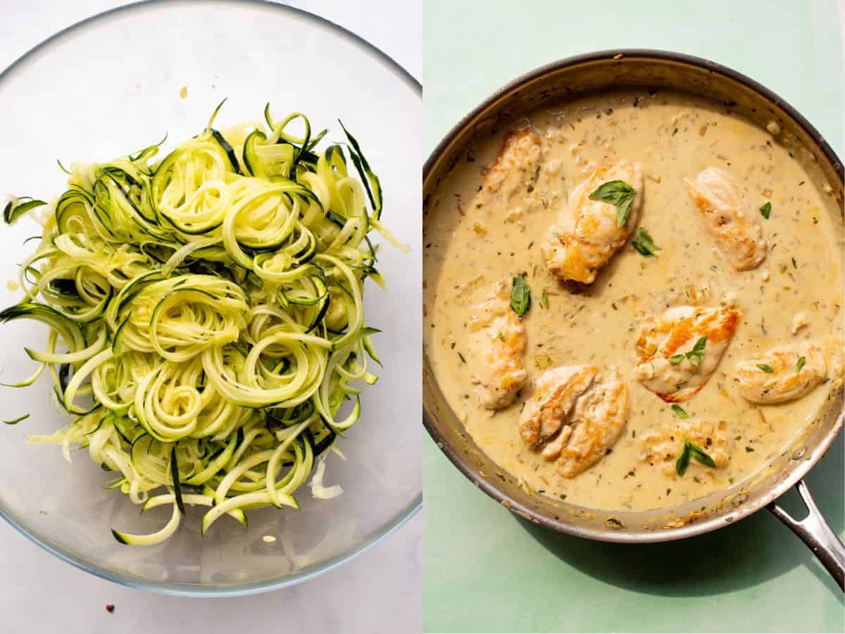 Courgette blanches and Philadelphia chicken ready in pan