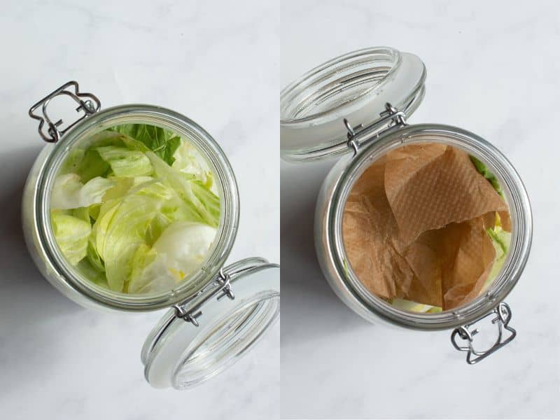 Step by step process shots, the first with lettuce added to a jar and the second with some parchment paper added.