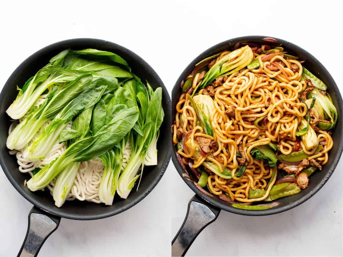 Step by step process : 1 photo with the pork choi and noodles in the pan and the 2nd with cooked noodles, beef and vegetables in pan