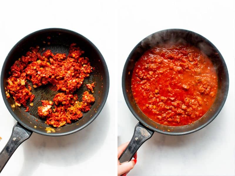 2 step by step photos of chorizo, onions, mushrooms in a pan and the second with tomato sauce added to pan.
