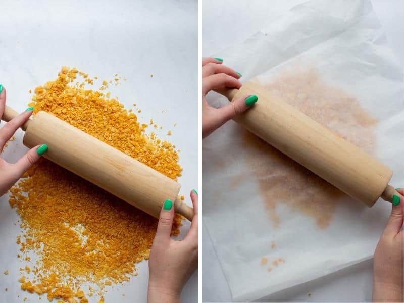Step by step photos preparing cornflakes, the first with rolling pin over cornflake and the second with parchment paper over cornflakes to roll/crush flakes.