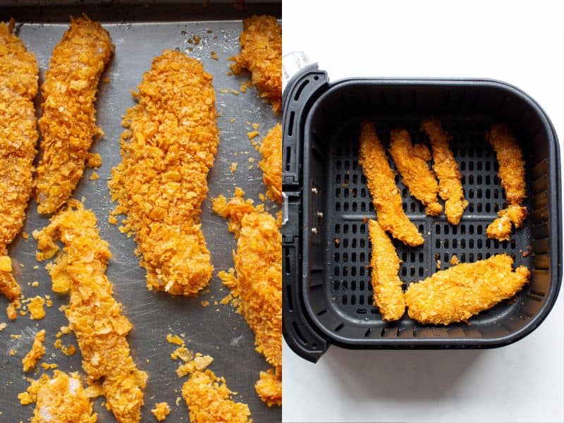 Coated chicken goujons on baking tray and in Airfryer