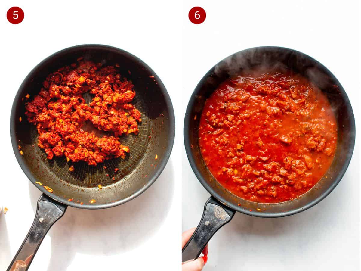 2 step by step photos, the first with chorizo, onion and tomato paste frying in a pan and the second with  extra liquid added.