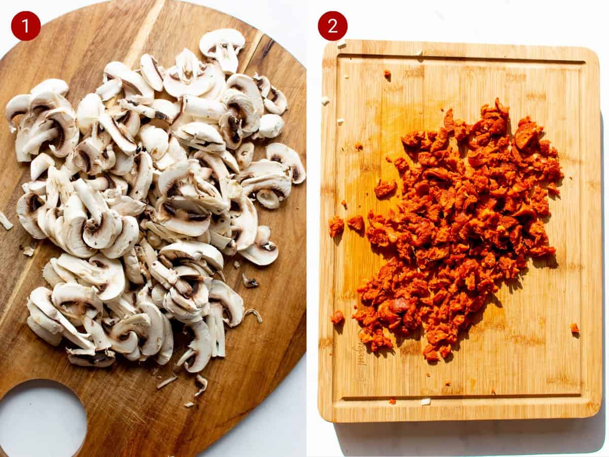 2 step by step photos, the first with finely sliced mushrooms on chopping a board and the second with sliced chorizo on the board.