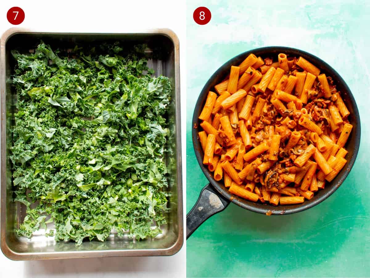 2 step by step photos, the first wchopped kale in a metal baking tray and the second with rigatoni pasta covered in the tomatoey sauce.