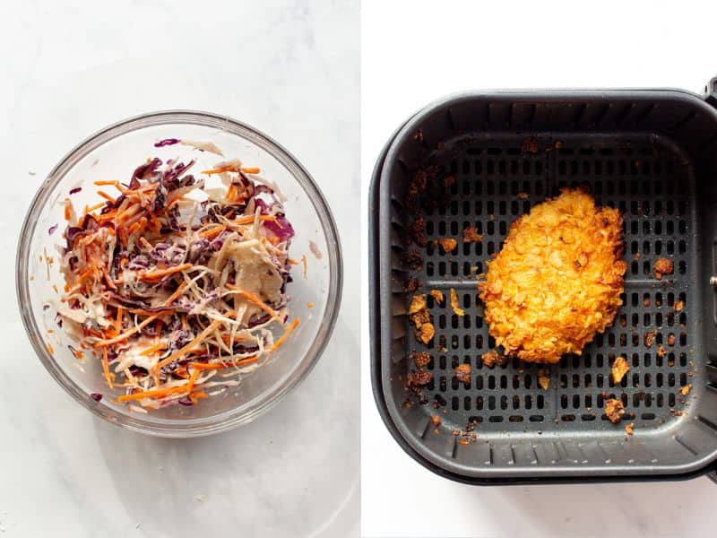 Step by step process photos, the first with the prepared coleslaw and the second with the air fryer baked chicken.