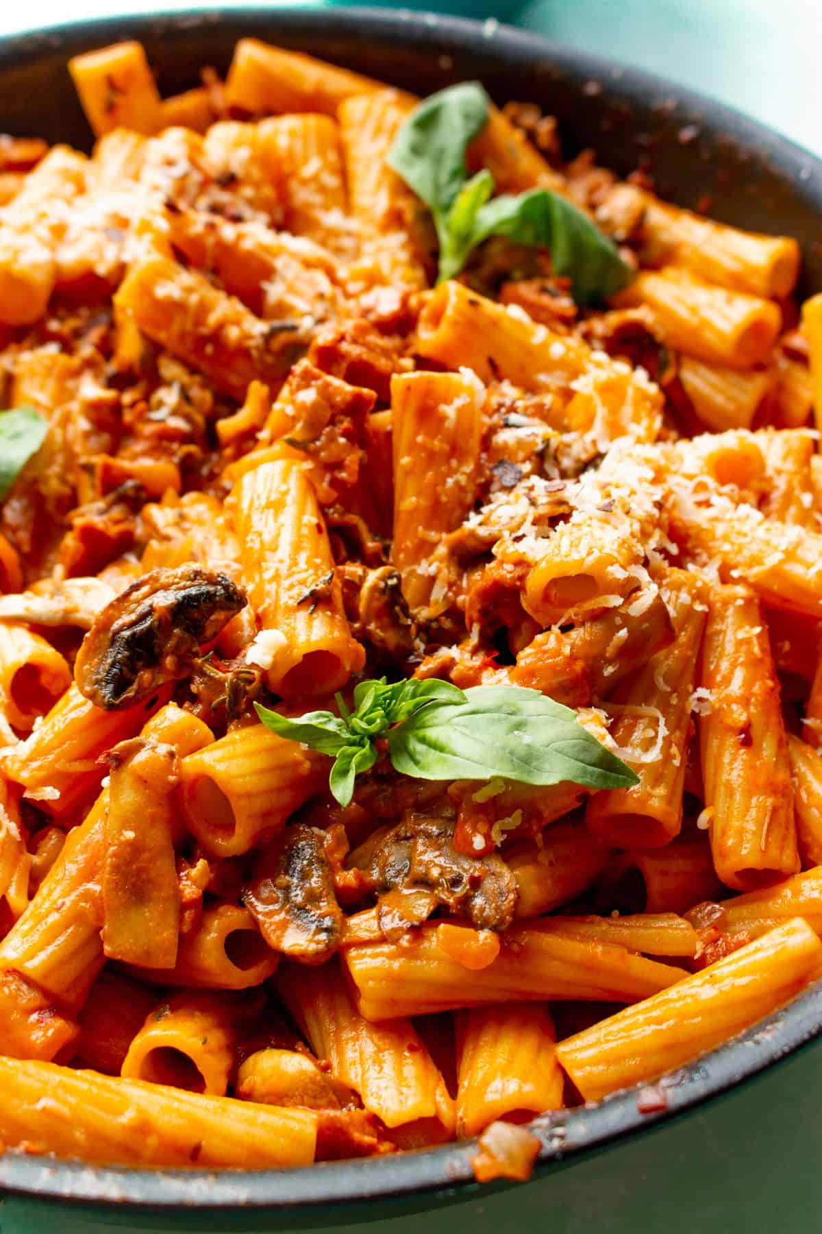 Rigatoni pasta with a tomatoey sauce with mushrooms, chorizo and fresh basil topping.