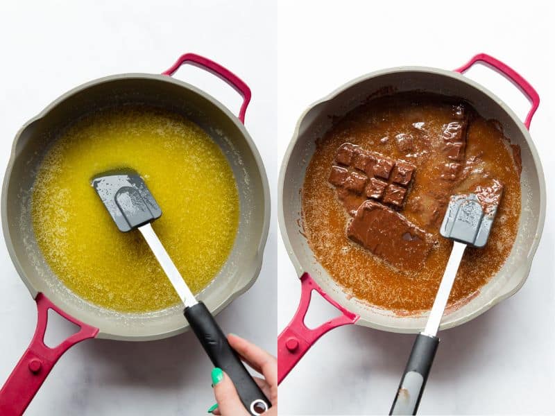 2 process shots, one with melted butter in a pan and the other with melted chocolate.