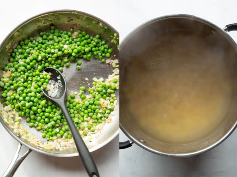 Peas with onions frying in a pan and pasta submerged in saucepan of boiling water.