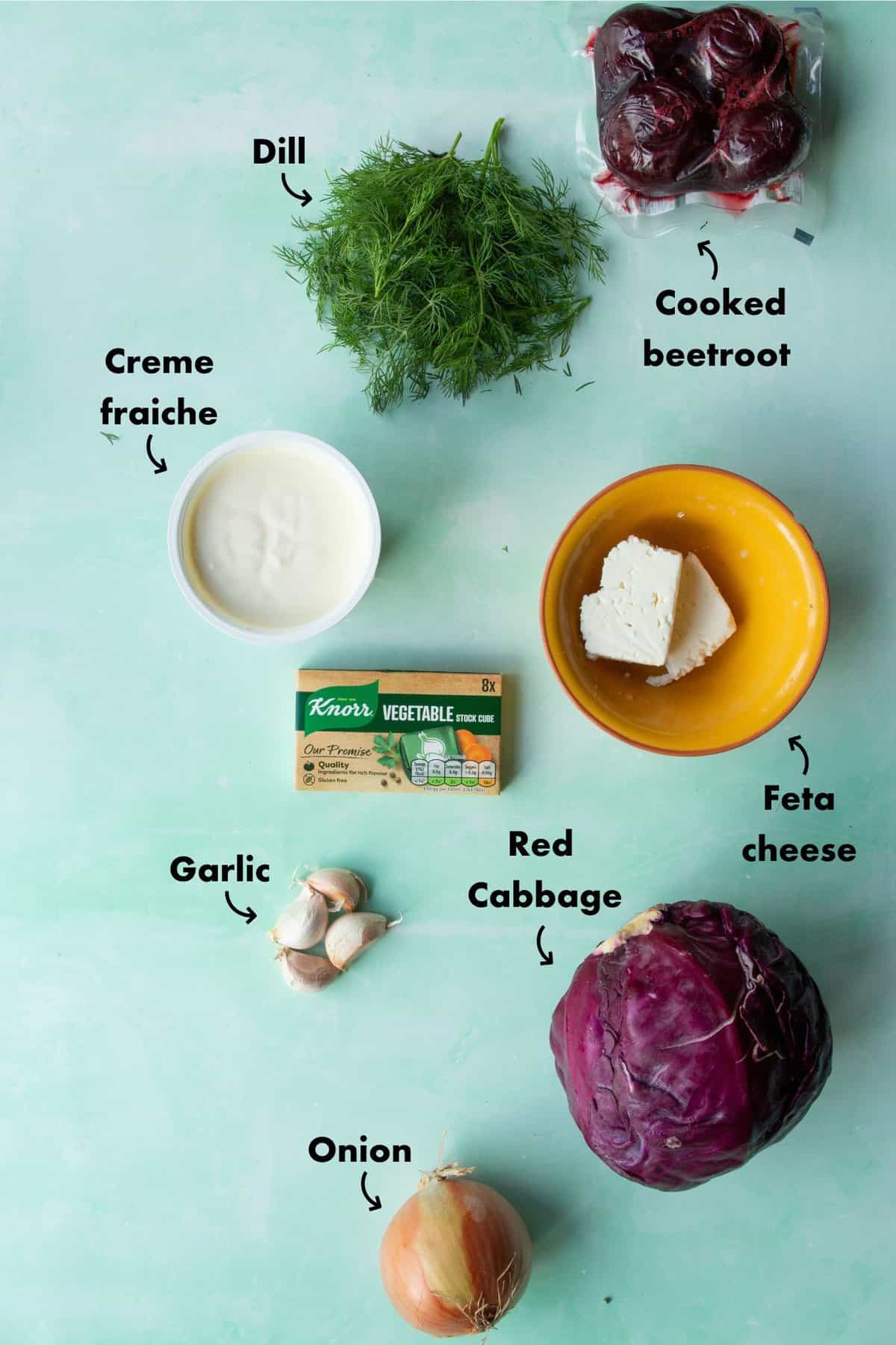 Red Cabbage soup ingredients shot including ; dill, feta, beetroot, creme fraiche red cabbage, onion, garlic and Knorr vegetable stock.