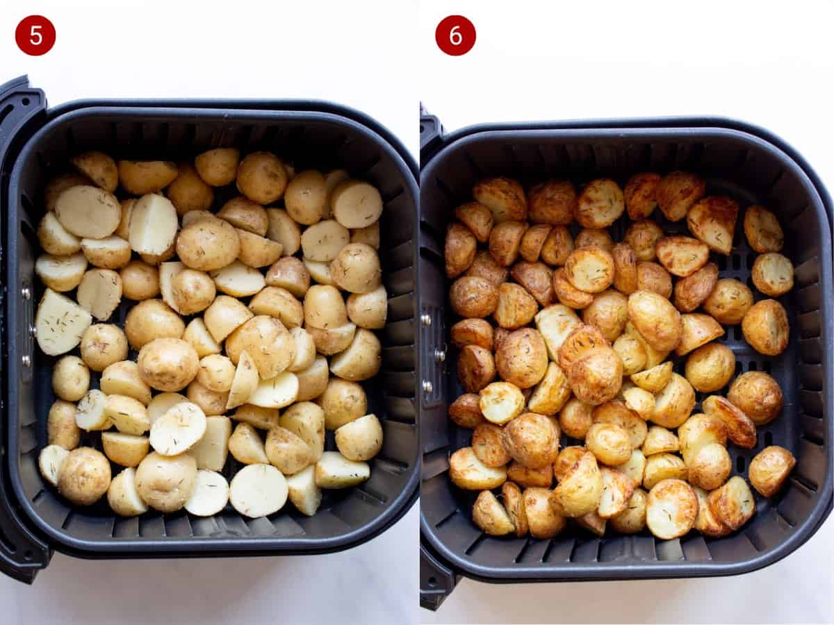 Step by step photos with potatoes in air fryer before cooking and the second with air fried golden brown potatoes.