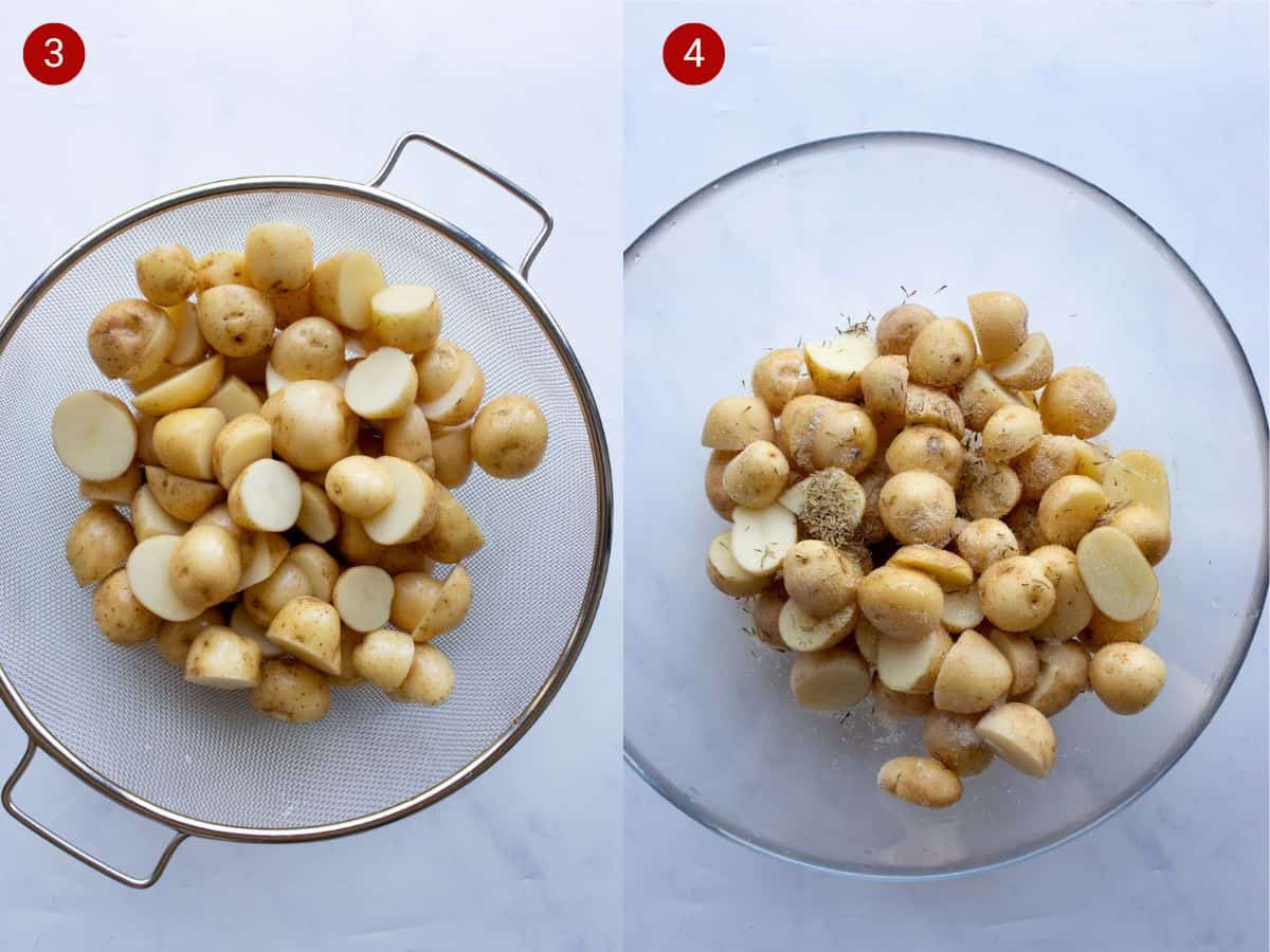 2 step by step photos of new potatoes in sieve and second photos have potatoes in a bowl with seasoning.