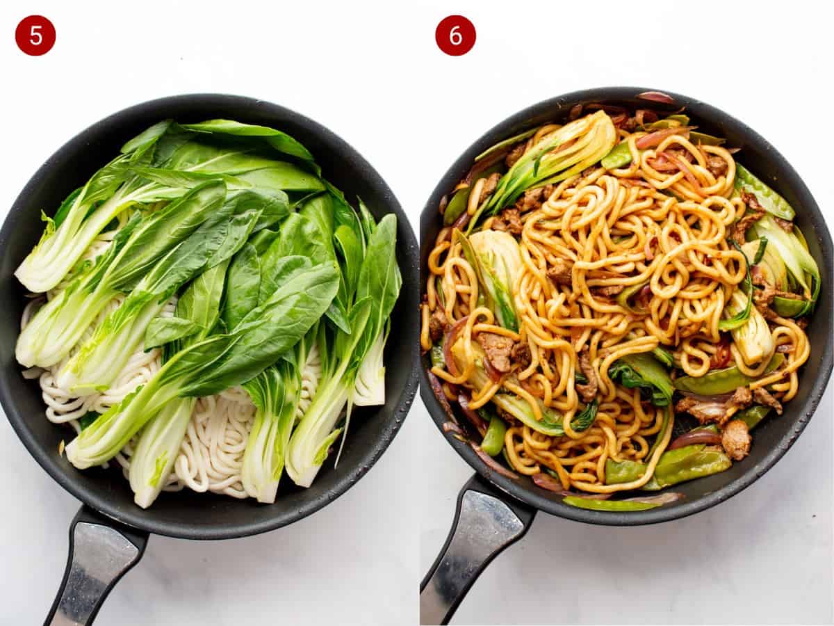Step by step process : 1 photo with the pork choi and noodles in the pan and the 2nd with cooked noodles, beef and vegetables in pan