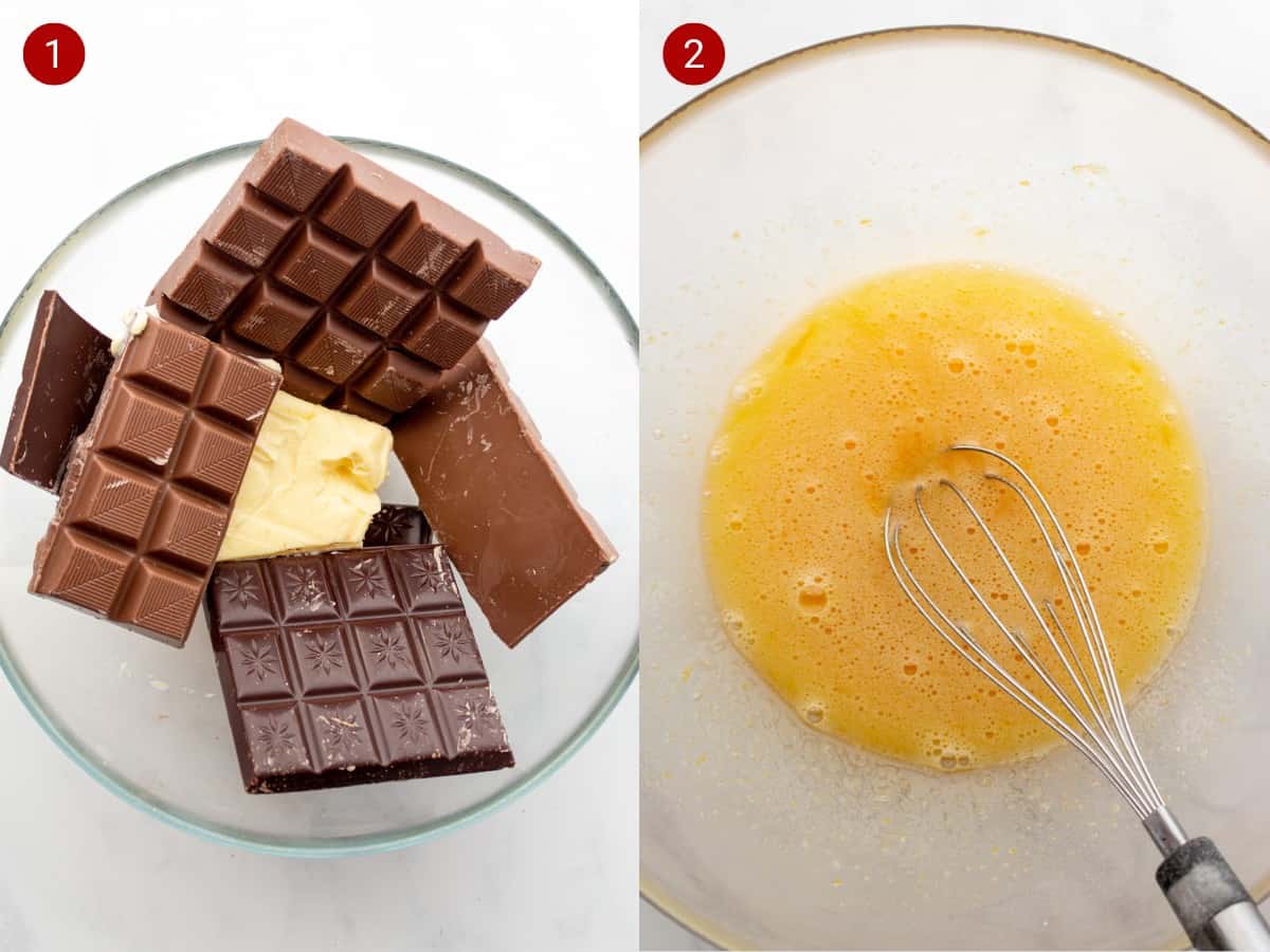 Top by step photos, one with pieces of milk and dark chocolate with butter in a bowl and the second with a bowl with egg beaten with a whisk.