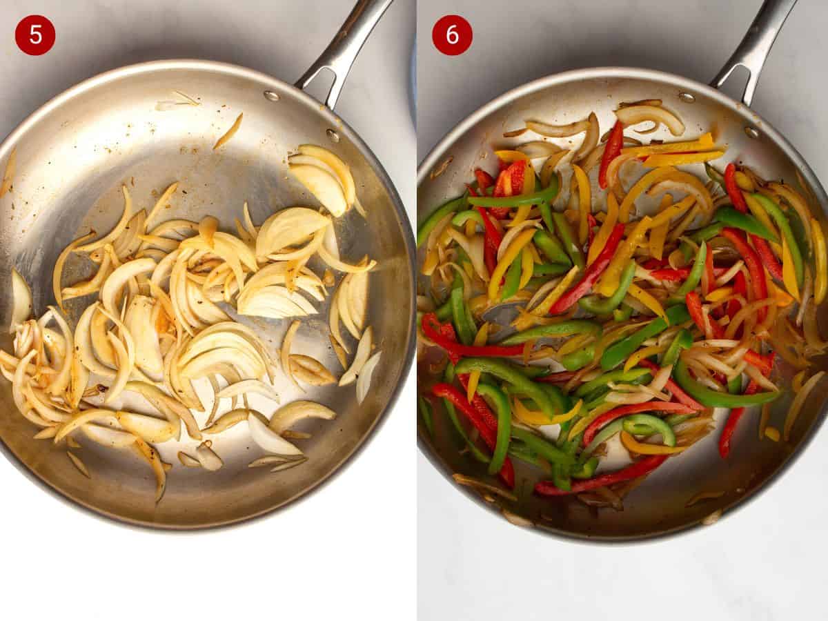 Onion slices browned in a stainless steel pan and then peppers added to brown with onions shown in another picture..