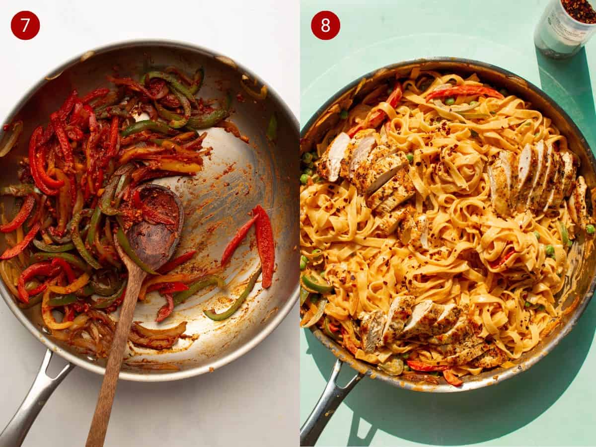 Mixed peppers and onion slices fried in a large stainless steel pan and a separate photo with Chicken Pasta with tagliatelle topped chicken slices pan.