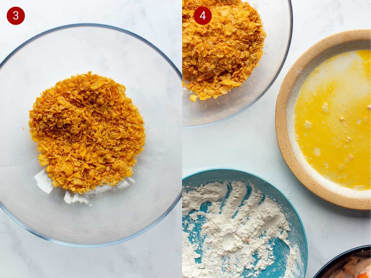 Step by step photos with cornflakes in a bowl and with the egg, cornflakes and flour ready to dredge.