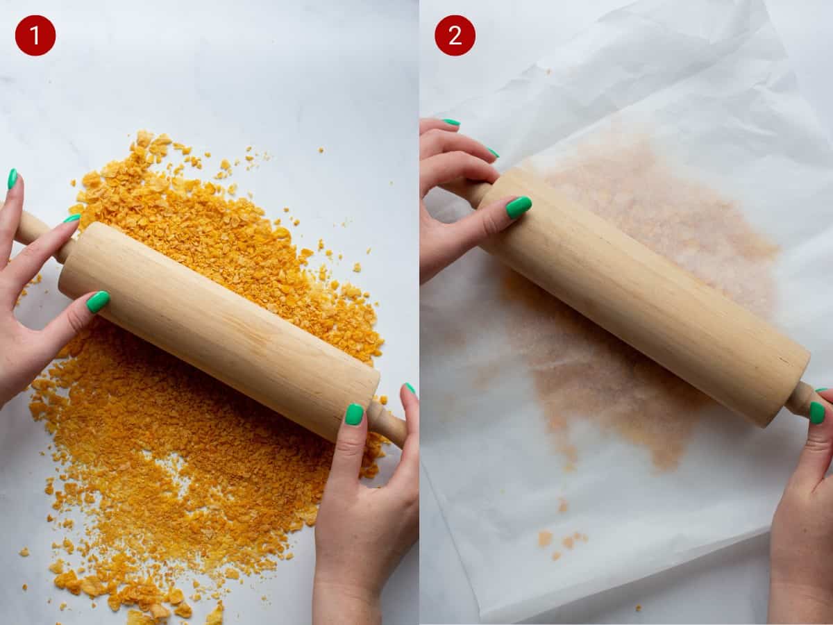 Step by step photos of cornflakes being rolling with a rolling pin and the second photo with some parchment paper over top.
