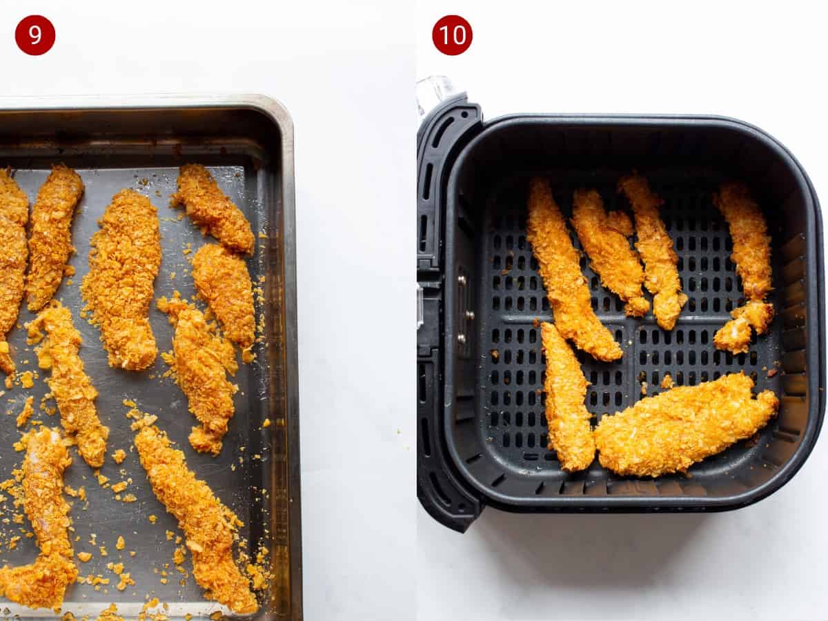 Cornflake covered chicken pieces on a tray and then chicken pieces  browned in the Airfryer.