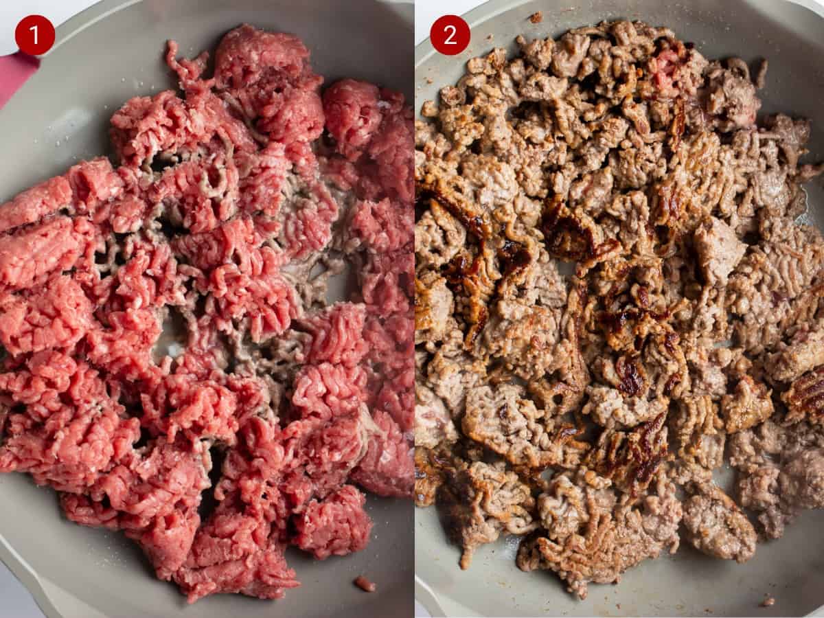 2 Step by step photos of mince cooking in pan, the first one with raw mince and the second with browned mince.