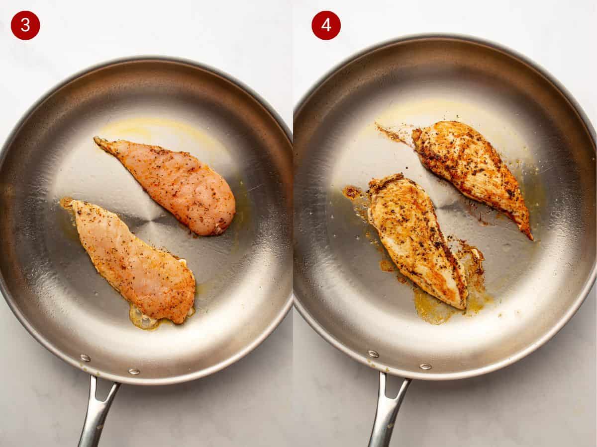 2 Cajun Chicken breast in a stainless steel pan before and after cooking.