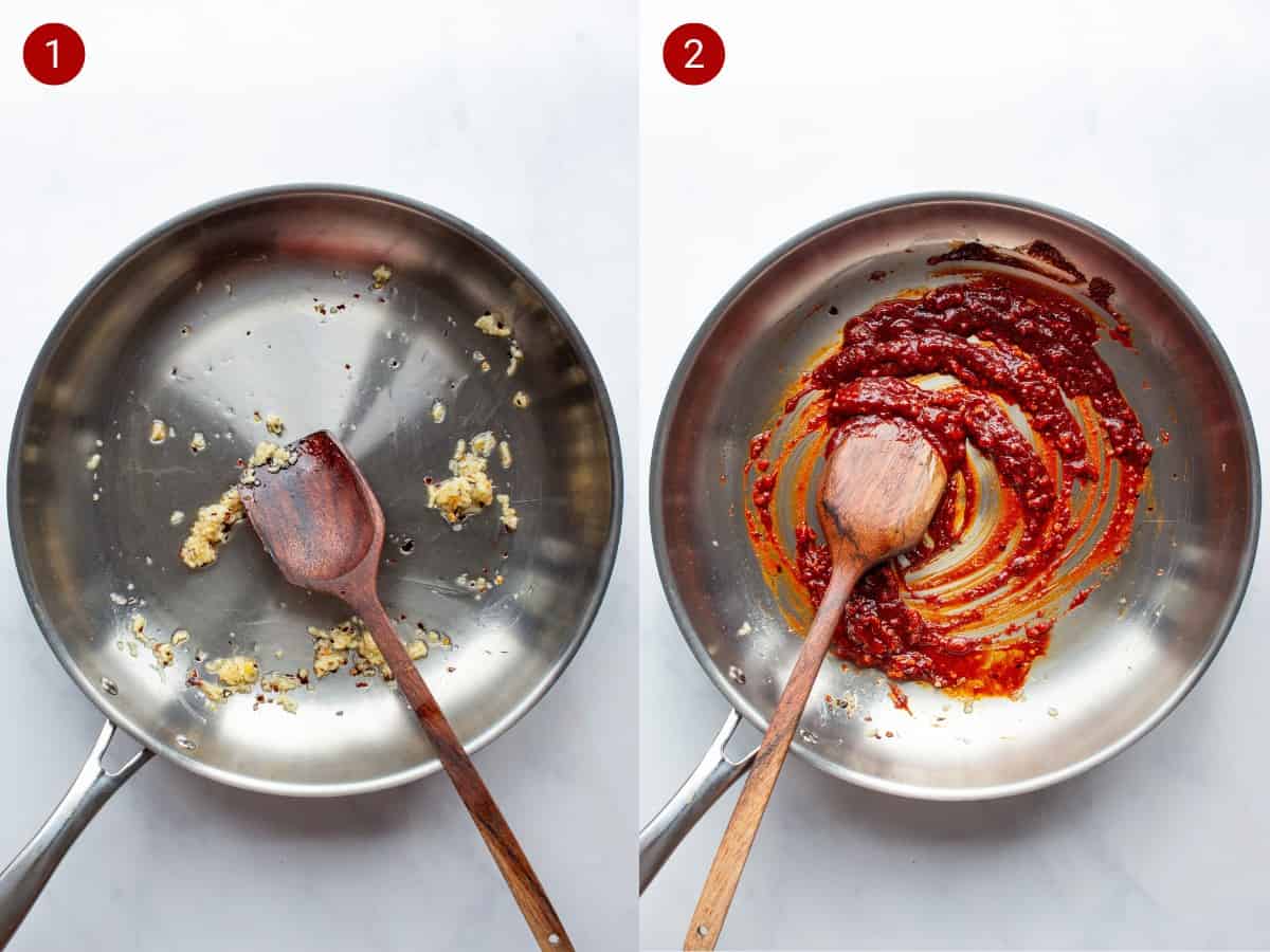 2 step by step photos; the first with garlic frying in the pan and the second with Gochujang paste mixed with garlic in same pan.