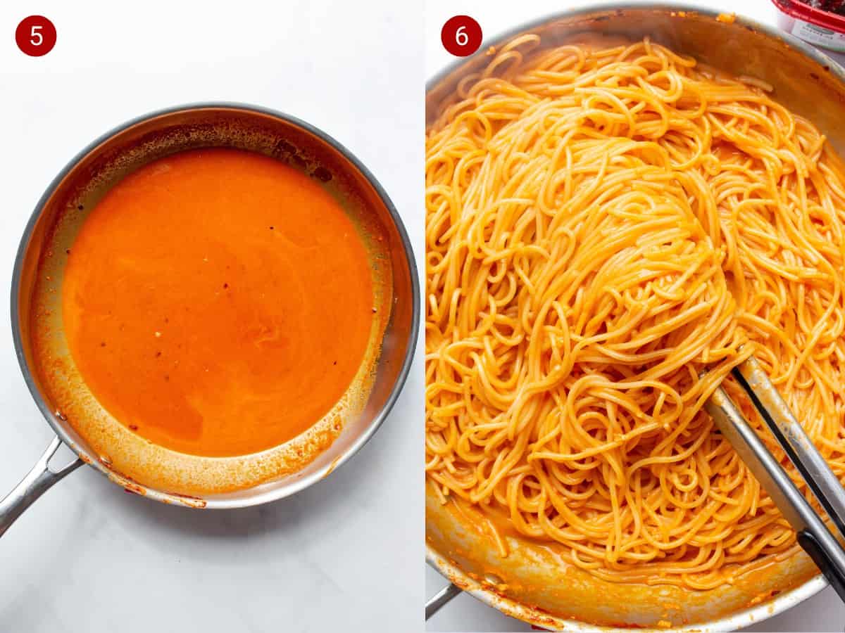 2 step by step photos; the first with creamy Gochujang sauce and the second with spaghetti mixed in same pan.