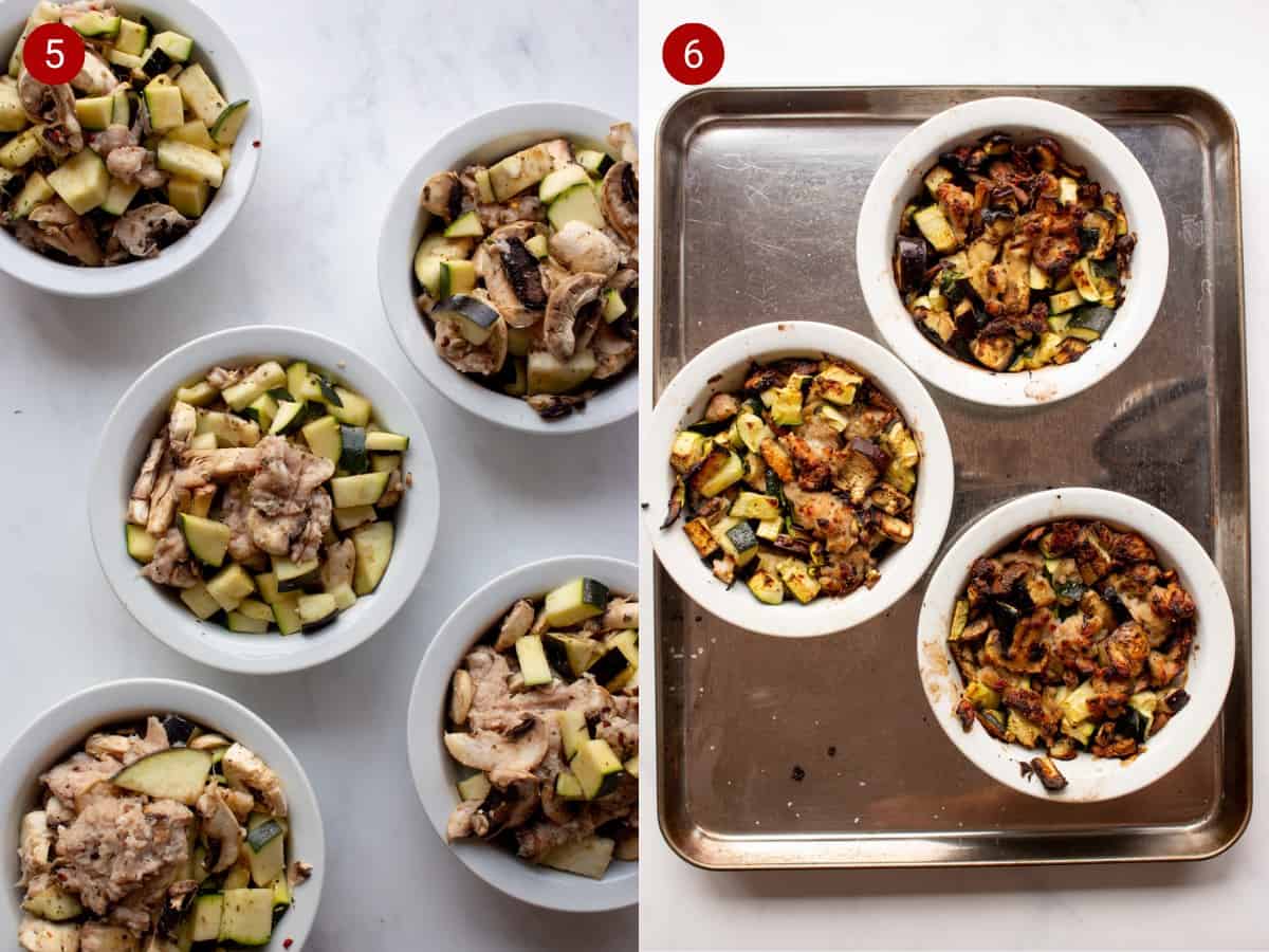 Step by step process shots - with sausage and veg in ramekins before and after baking.