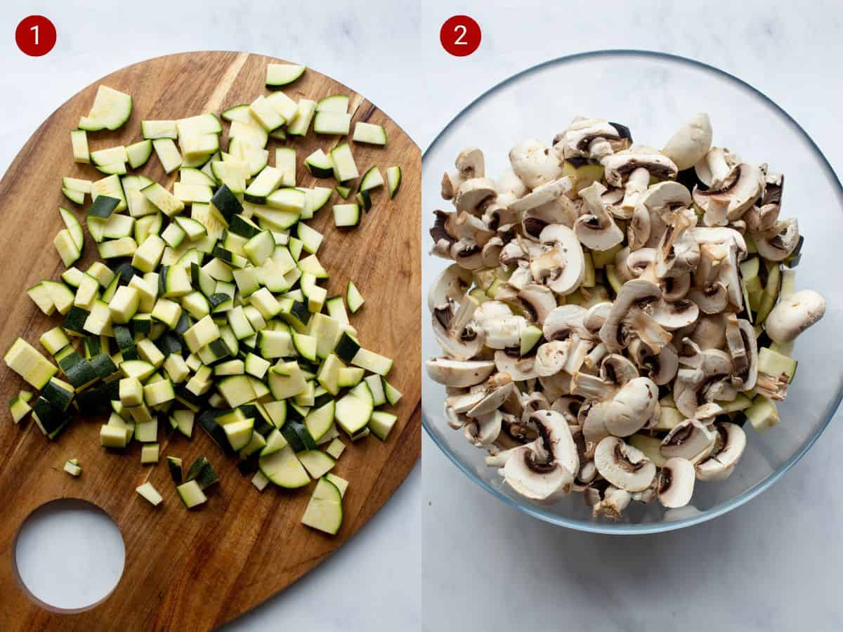Step by step photos; the first with chopped courgettes on a wooden chopping board and the second with sliced mushrooms in a glass bowl on top of vegetables.
