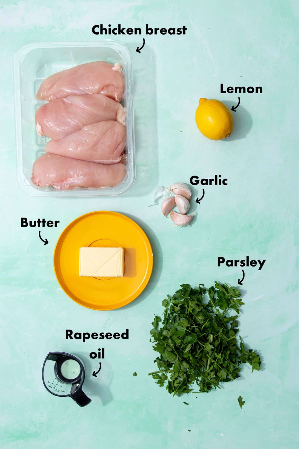 Ingredients to make the chicken with garlic butter laid out on a pale blue back ground.