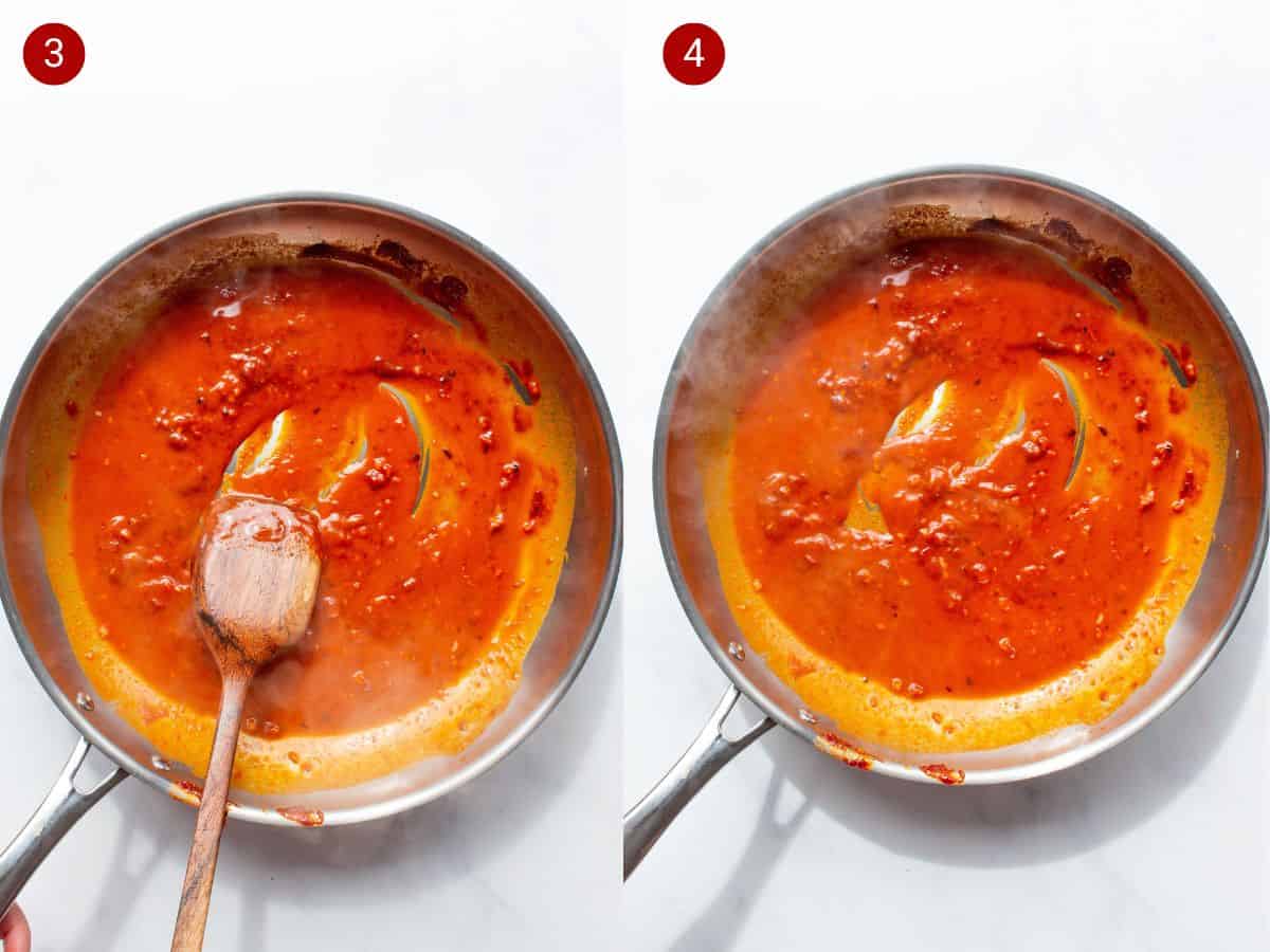 2 step by step photos; the first with tomatoey sauce and wooden spoon and the second with then sauce reduced in same pan.