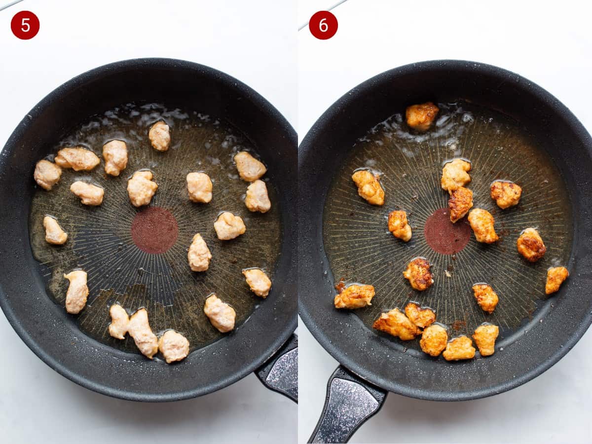 Small pieces of battered chicken in pan and second photo with golden browned chicken pieces.