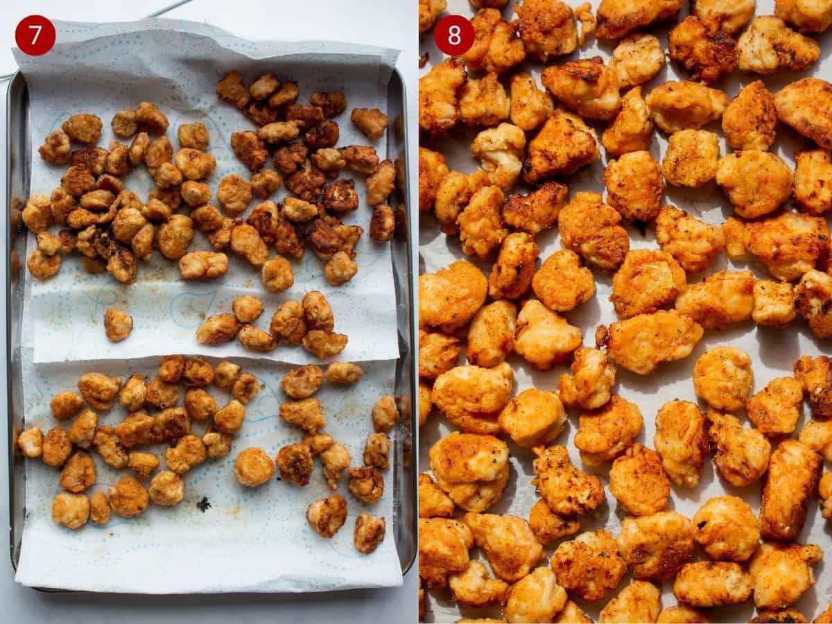 Cooked golden browned chicken pieces on kitchen towel on tray and second photo with the cooked chicken pieces on tray.