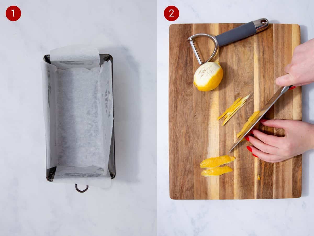 2 step by step photos, the first with the cake baking tin filled with parchment paper and other with the lemon rind peeled and being cut with knife in slices.