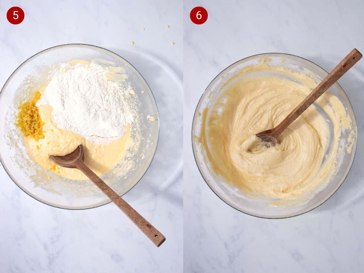 2 step by step photos with cake mixture with flour and grated lemon rind in a bowl, then the mixture stirred with a wooden spoon.