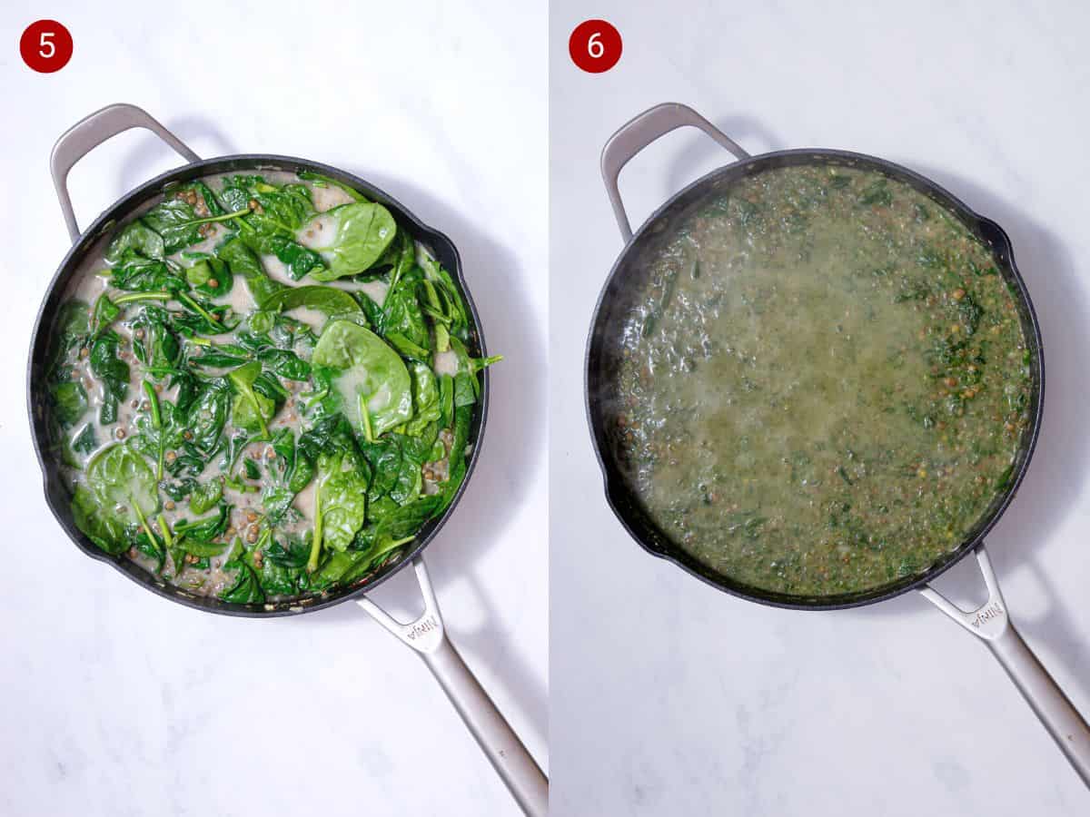 2 Step by step photos, the first with spinach added to pan and the second with the spinach cooked and mixed in curry in pan.