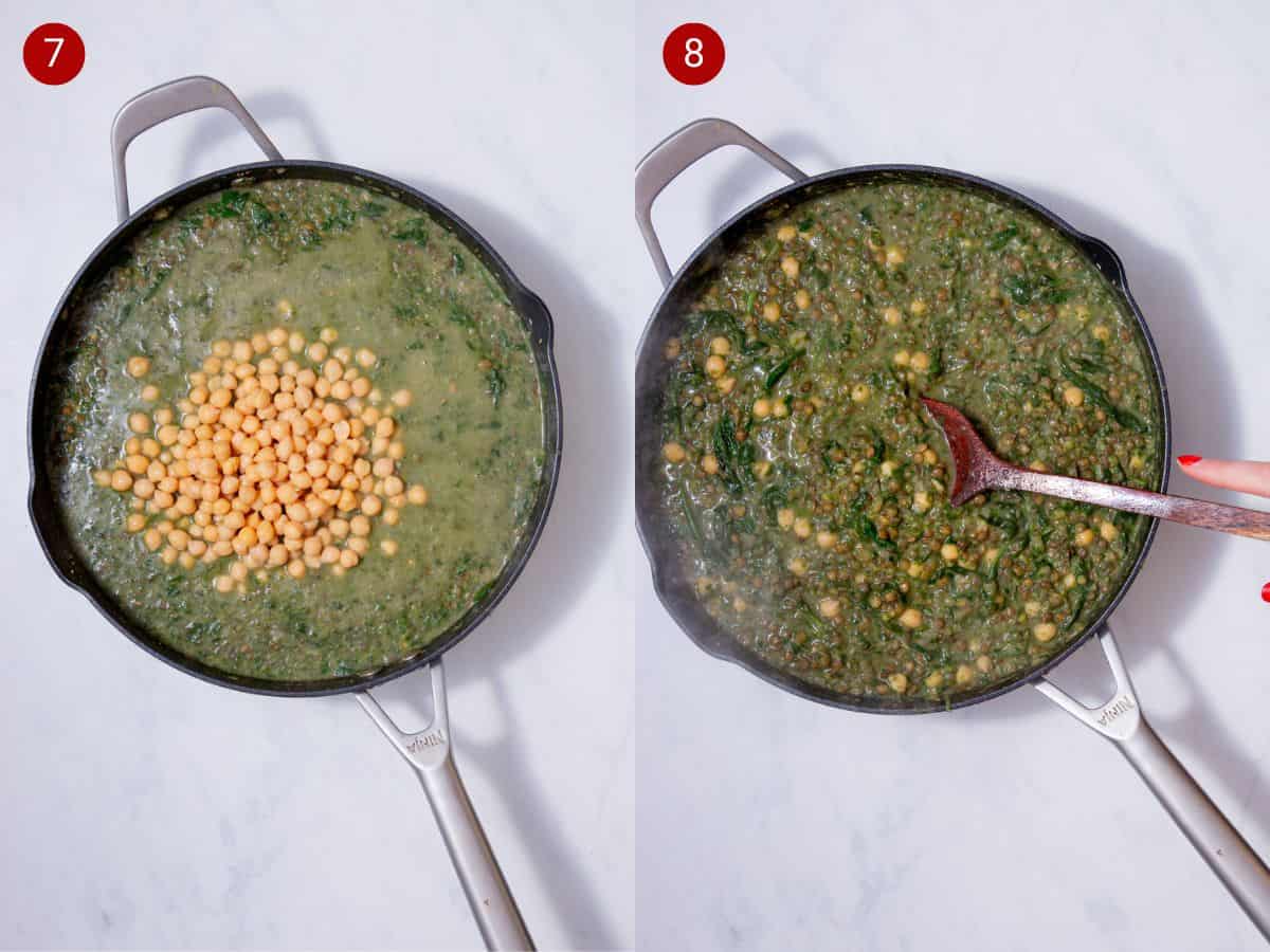 2 Step by step photos, the first with chickpeas added to curry in pan and the second with the chick peas mixed together.