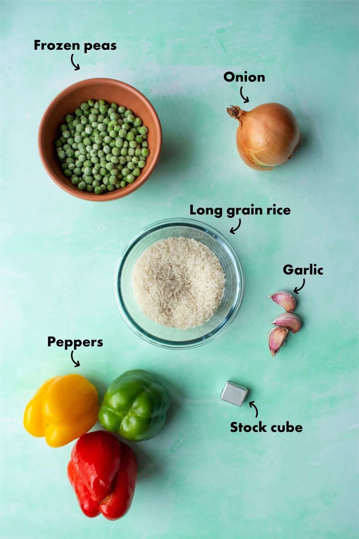 Ingredients to make Nando’s Spicy Rice laid out on pale blue background and labelled.