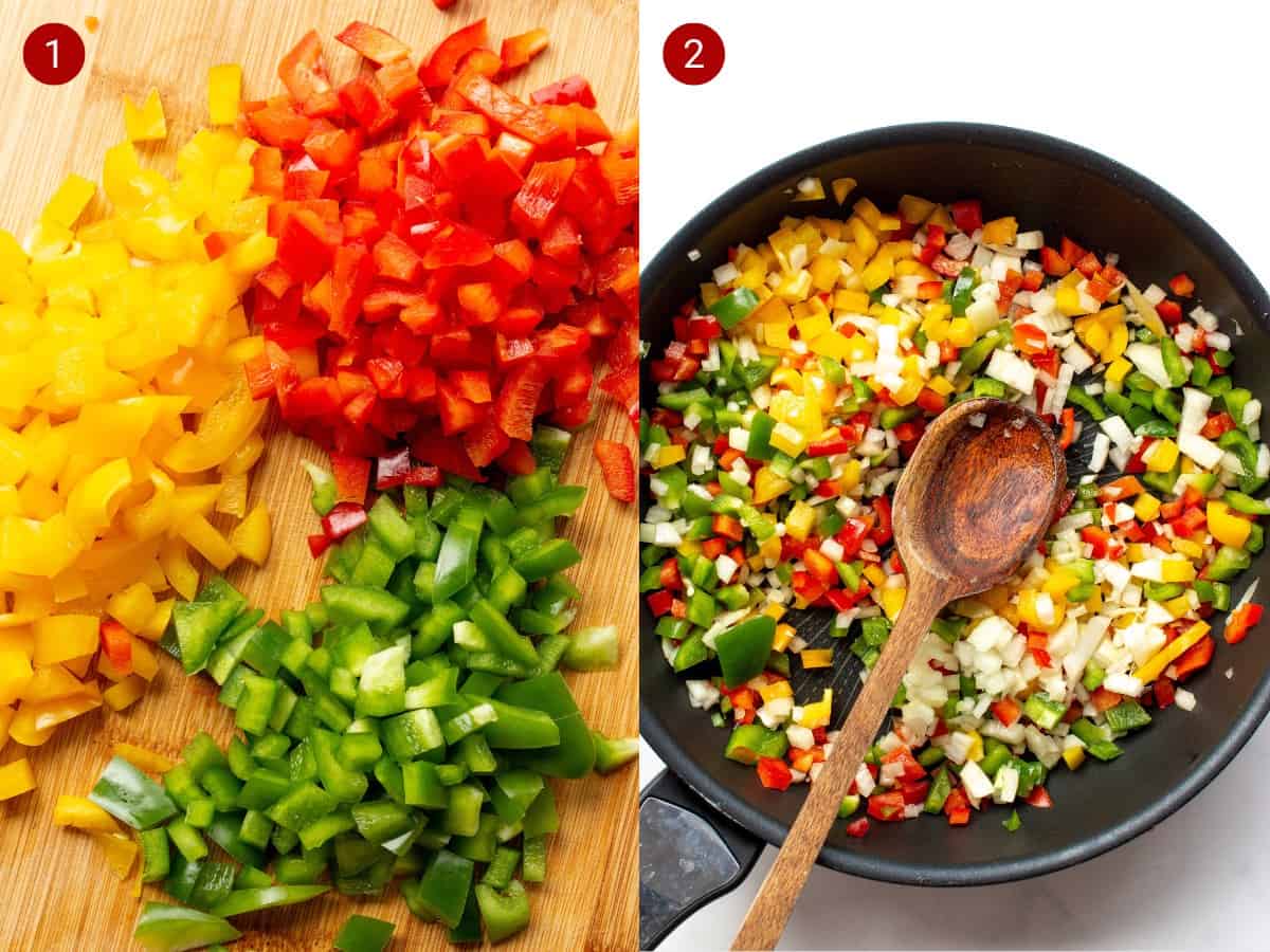 2 photos, one with chopped peppers on a wooden chopping board and the other with peppers and onion in frying in pan with wooden spoon.