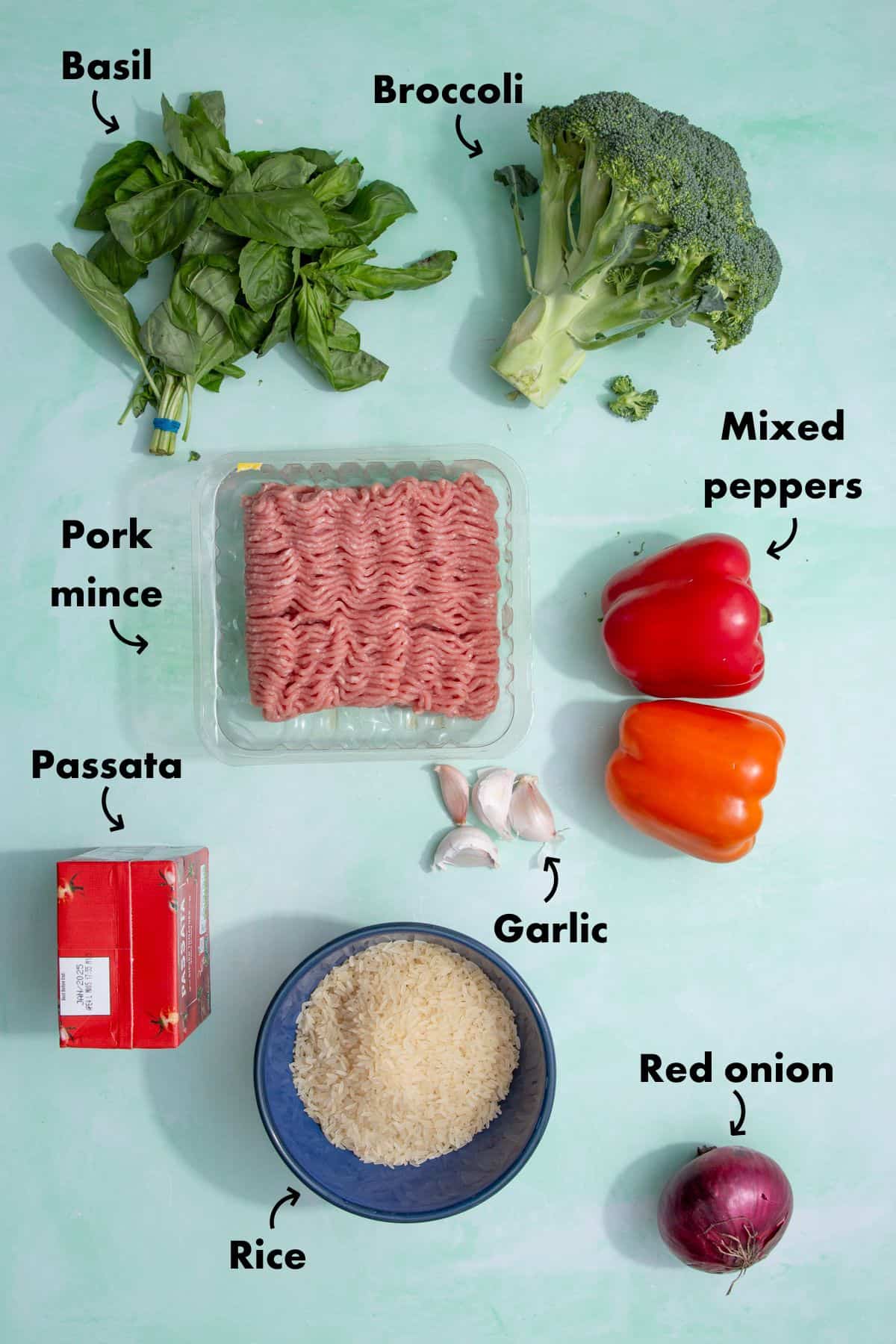 One pot meatballs ingredients laid out on a pale blue background.