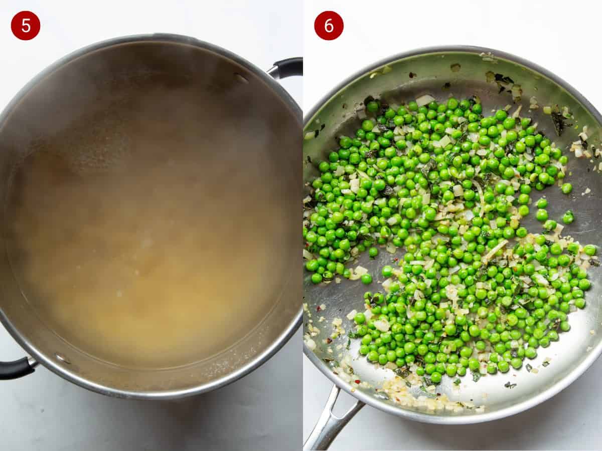 Step by step photos with pasta submerged in boiling water and the peas and onions cooking in the pan.