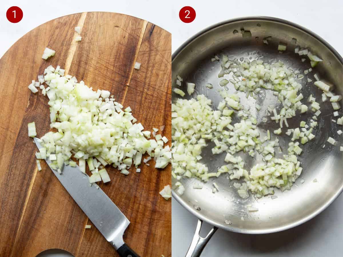 Step by step process shots, with chopped onions on wooden board and the onions added to a large stainless steel pan.