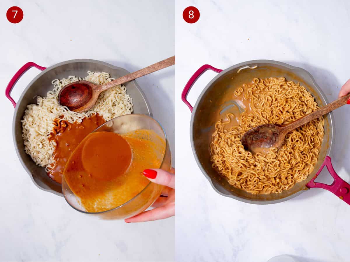 Step by step photos, with peanut sauce being poured into pan with noodles, and the second photo with the sauce mixed together with noodles in pan.