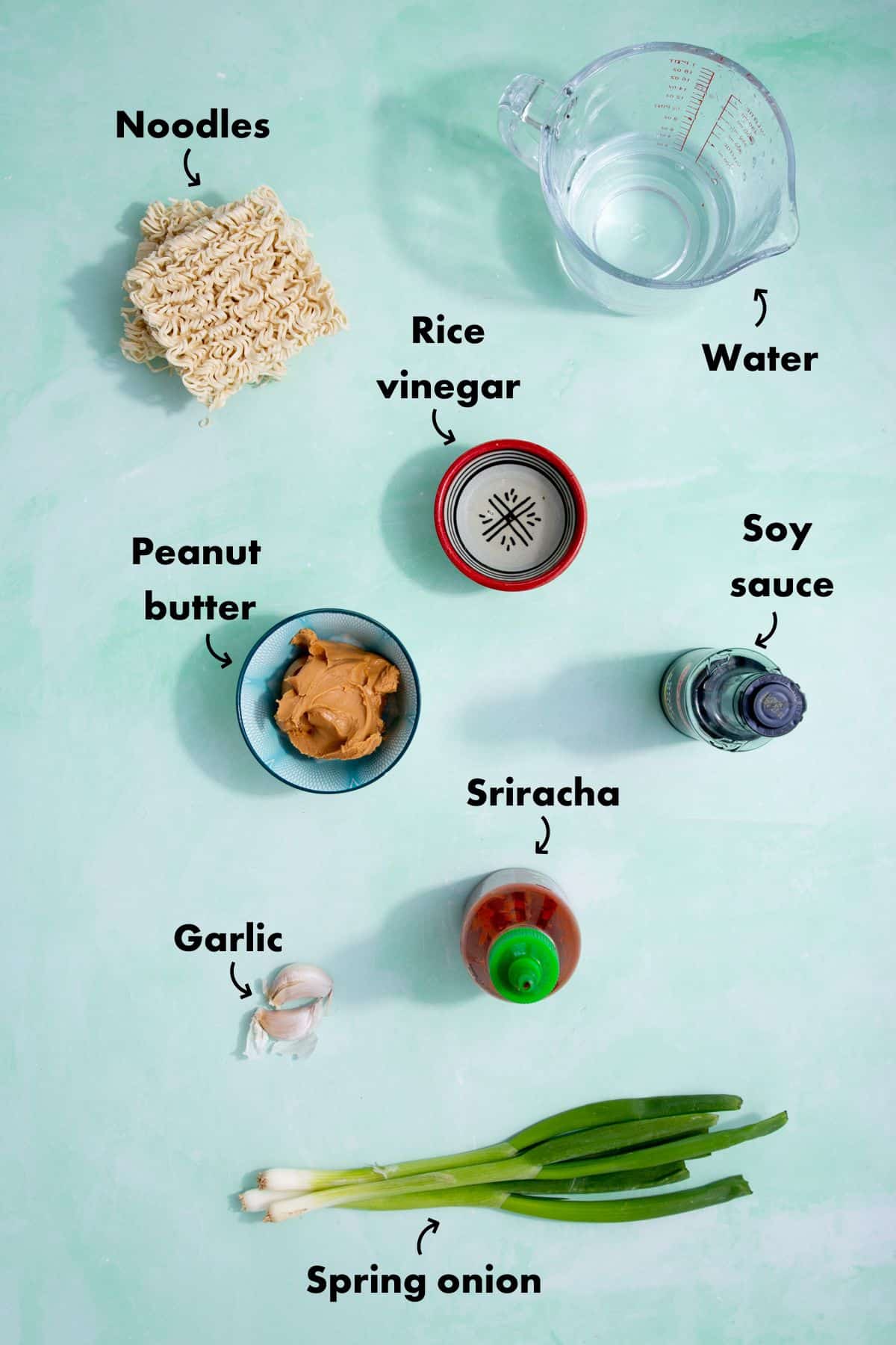 Ingredients to make noodles with peanut butter and laid out on a pale blue background and labelled.
