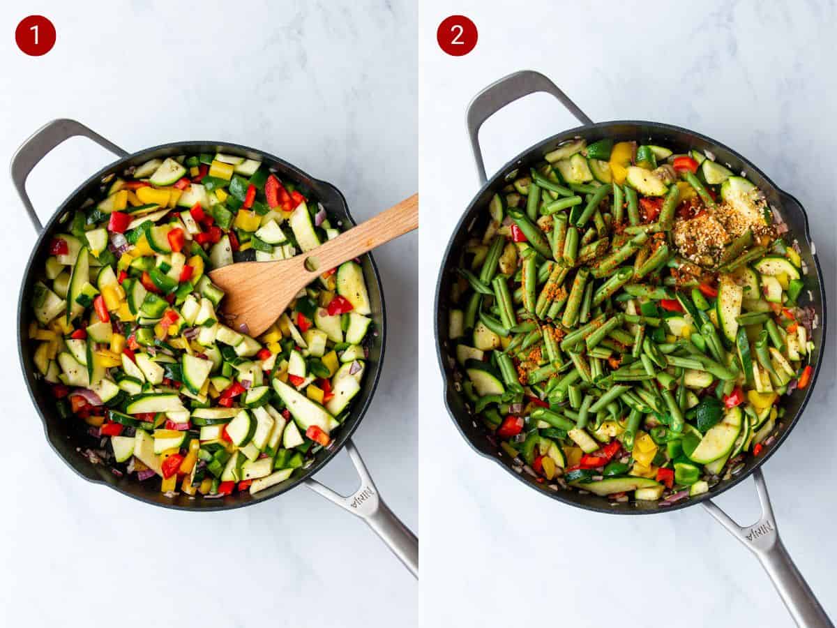 2 step by step photos, mixed peppers, courgette and onion in a pan and then green beans added to same pan with seasoning.