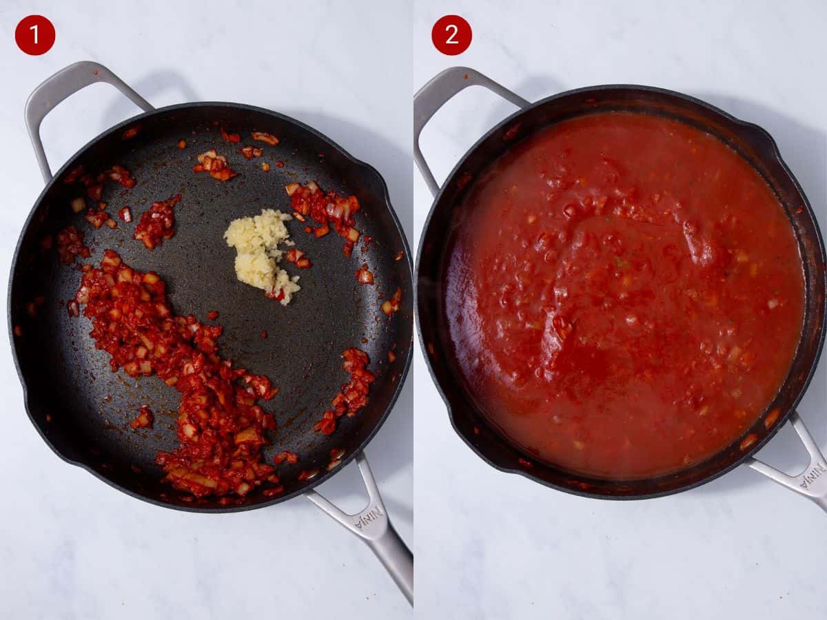 Step by step photos, the first with tomato pure, onion and garlic fried in pan and the second with passata added to the same pan.