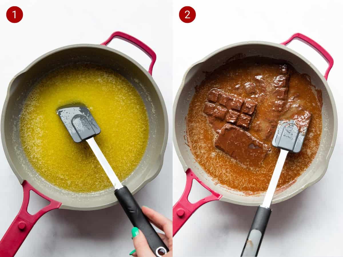 Melted butter in one pan and then chocolate added in the second photo to melt with the butter.